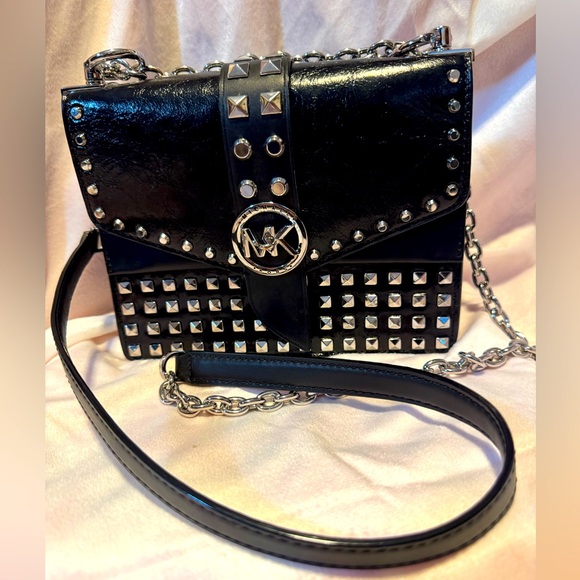 Michael Kors Handbags - Michael Kors Studded Crossbody Black Leather COA Excellent Condition MK RARE